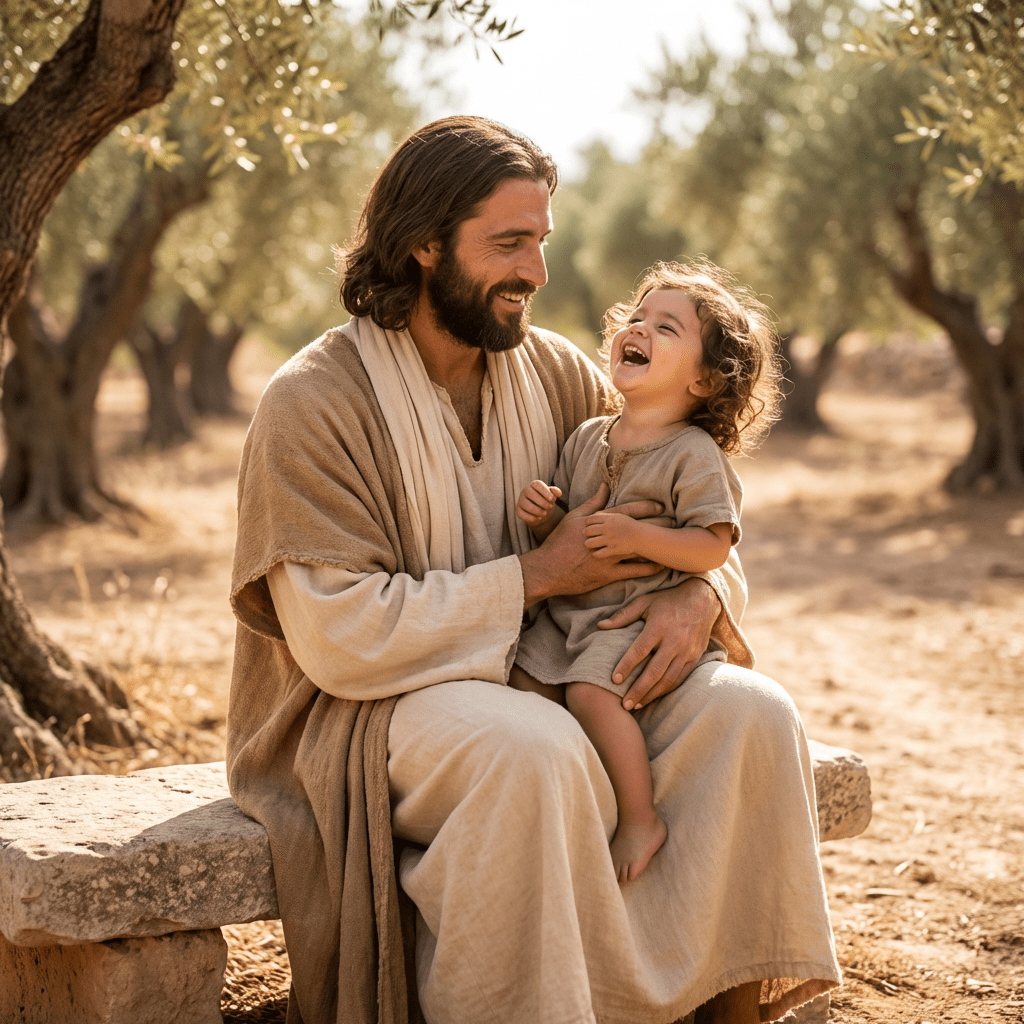 A man in traditional robes holds a laughing child while sitting in an olive grove.