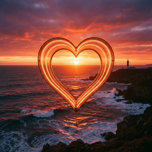 Glowing heart light over ocean sunrise