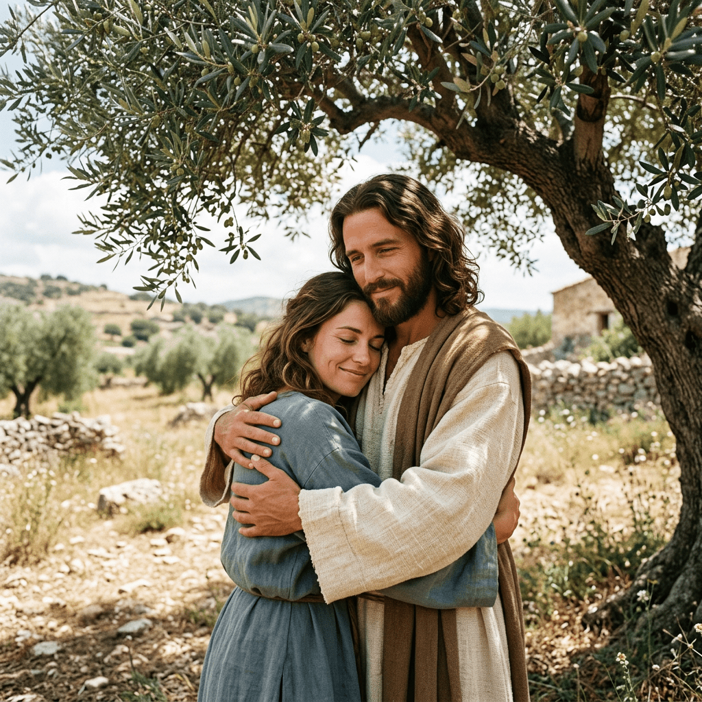 A man and woman embracing warmly under an olive tree in a rural landscape