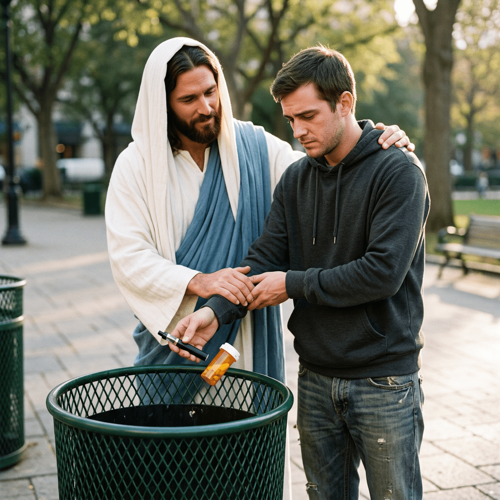 A man thoughtfully throwing prescription pill bottles into a trash can while comforted by a supportive figure