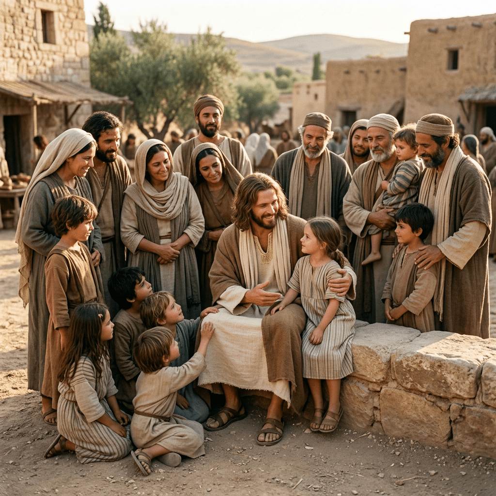 Jesus sitting with children and villagers in an ancient village setting