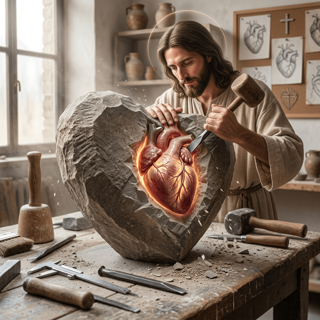 Sculptor carving an illuminated anatomical heart inside a stone heart sculpture