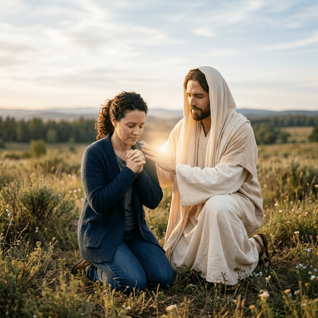 Woman praying with hands clasped while man in robe comforts her in church pew