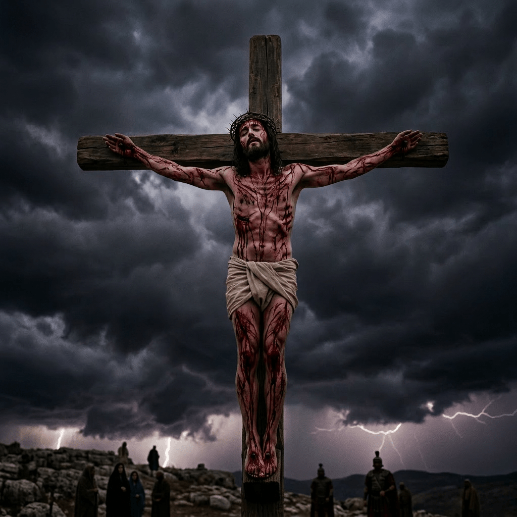 Jesus crucified on a wooden cross with a crown of thorns and wounds under dark storm clouds with lightning