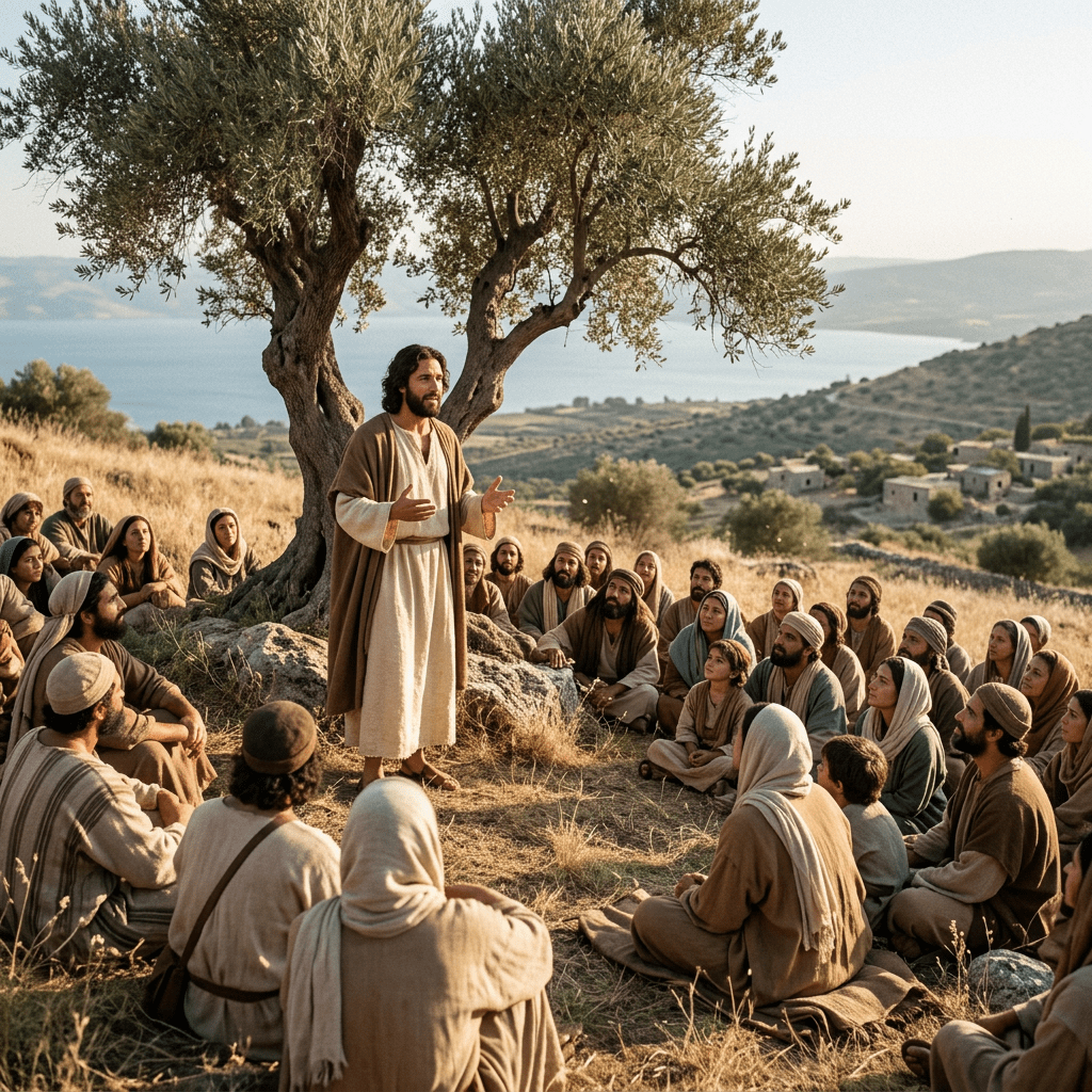 Jesus teaching crowd near olive tree on hill