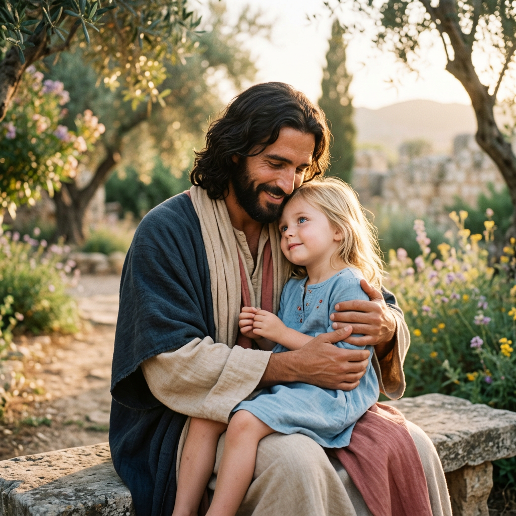 Man in traditional robes hugging a young girl in a garden