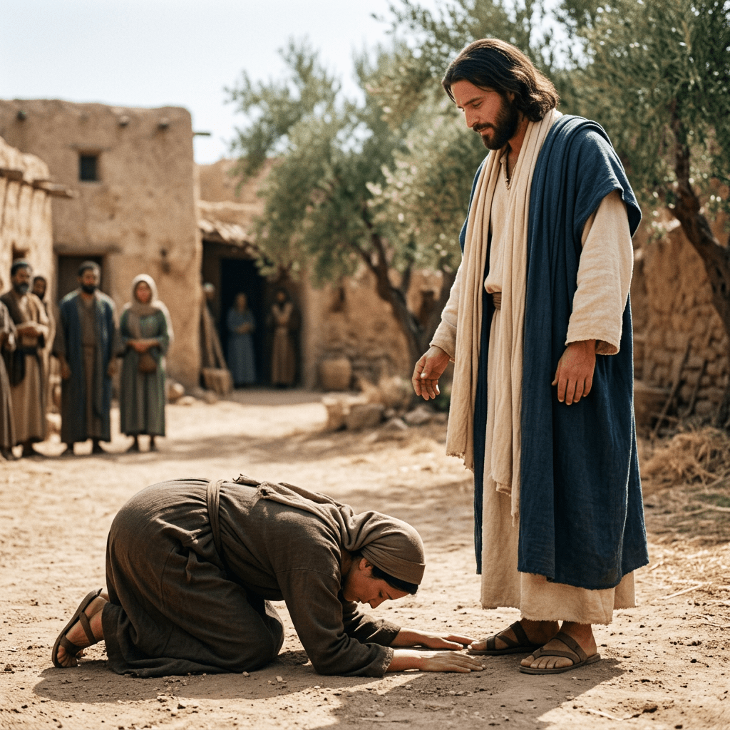 Woman kneeling and touching feet of a man dressed in biblical robes in a desert village