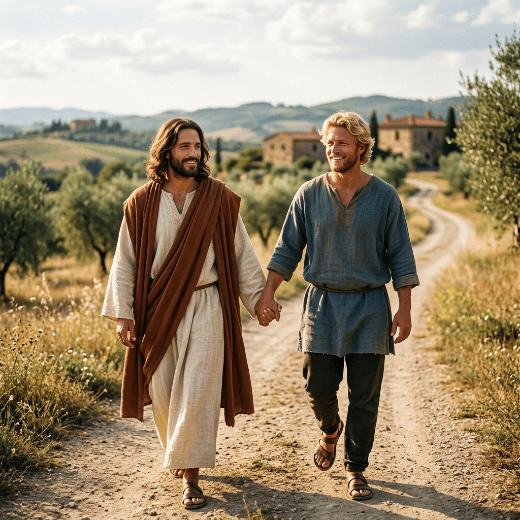 Jesus and blonde man holding hands smiling walking road
