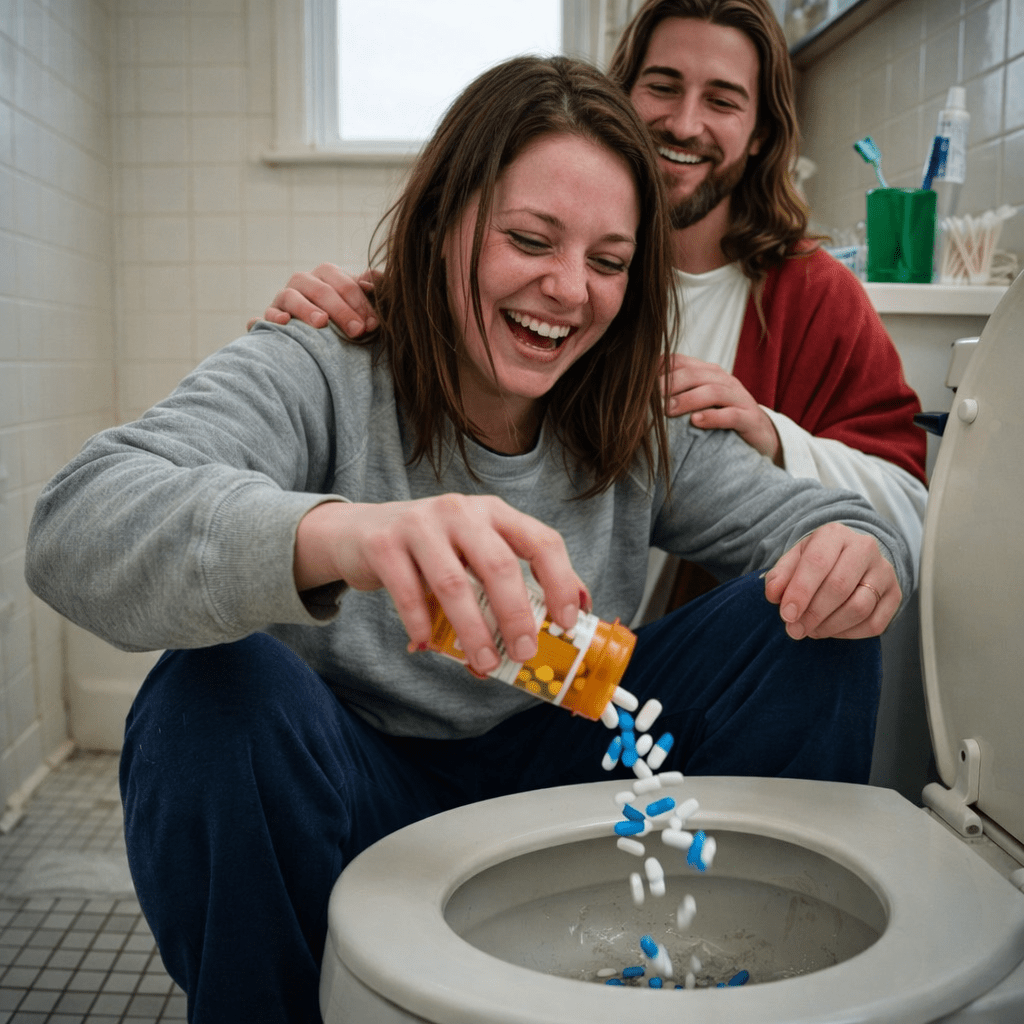 Crying woman in gray sweatshirt pouring pills into toilet bowl