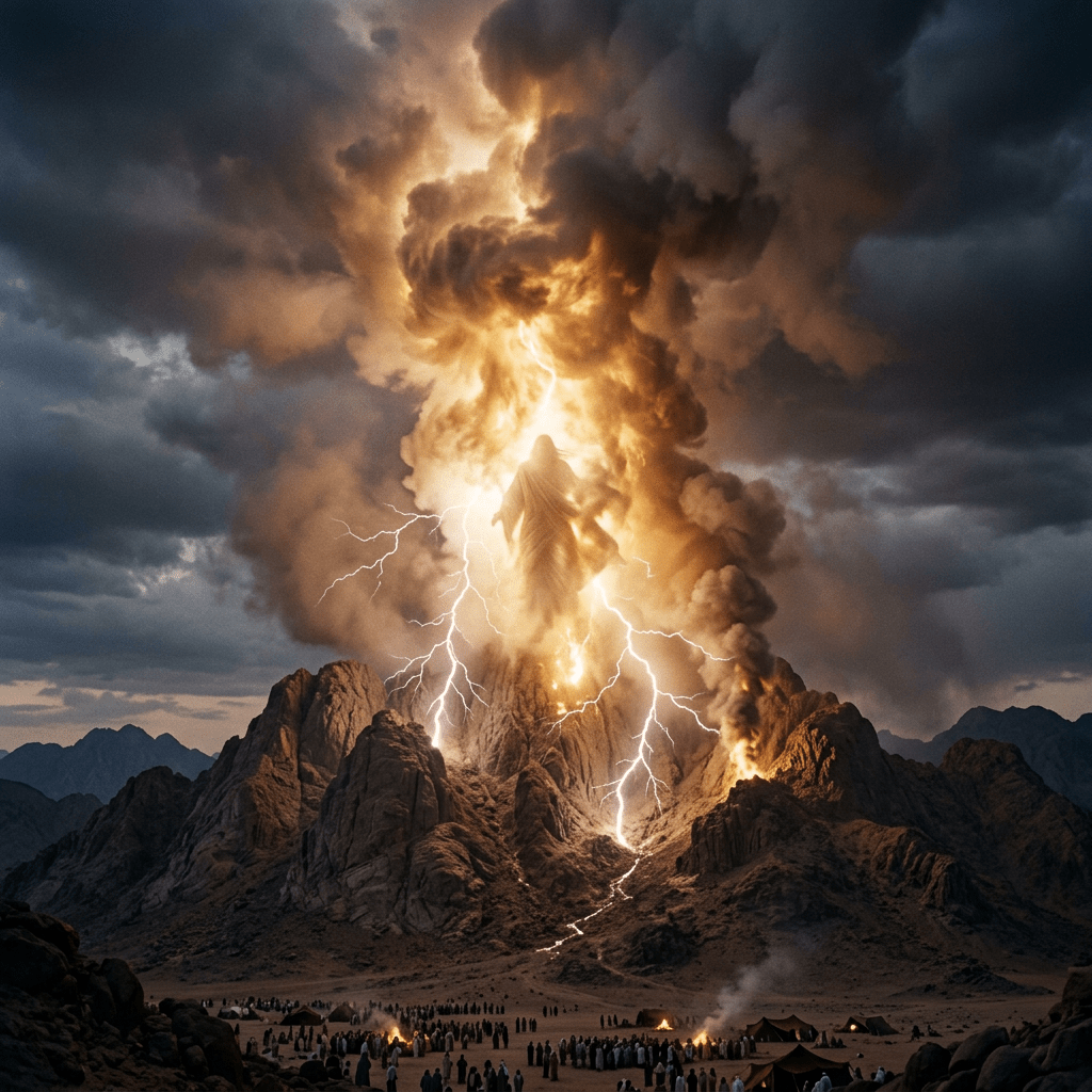 Volcanic mountain erupting with glowing figure and lightning, people gathered below