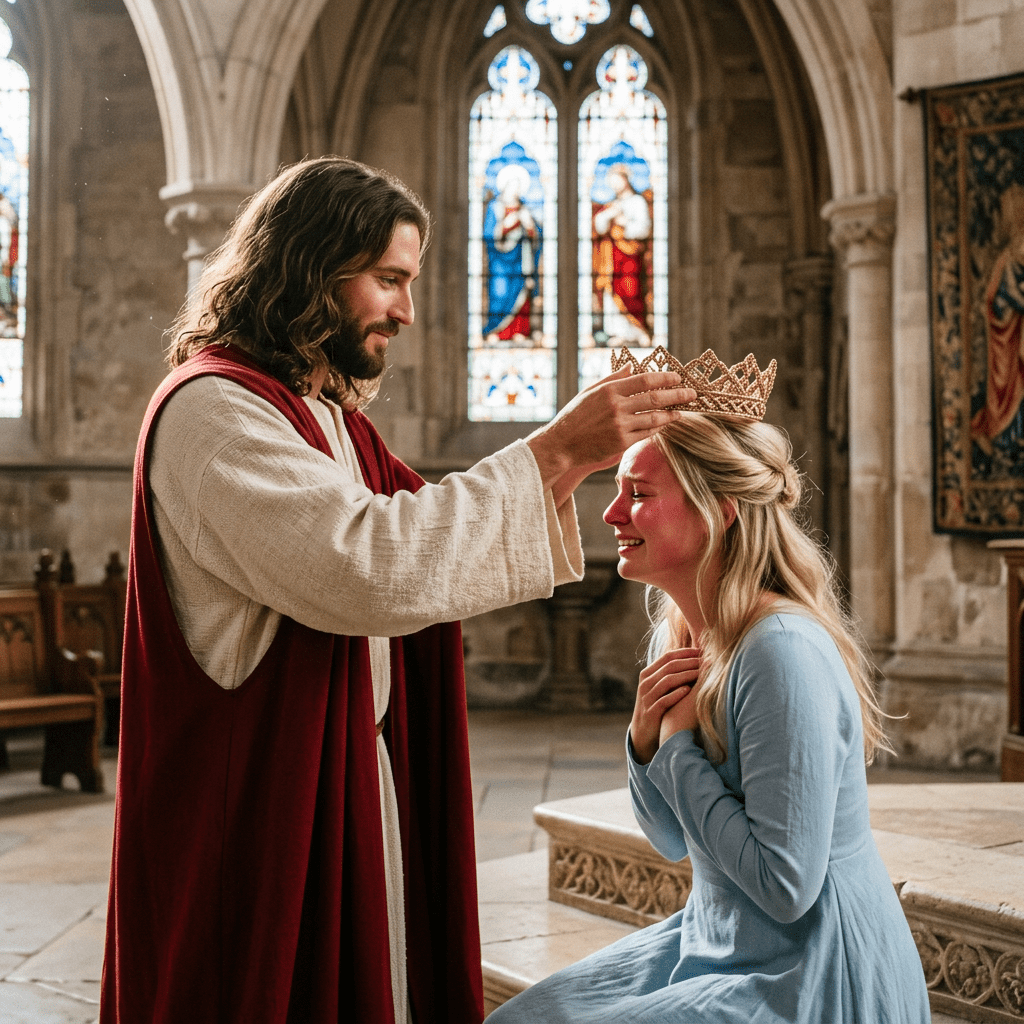 Man placing a golden crown on a woman's head inside a church with stained glass windows