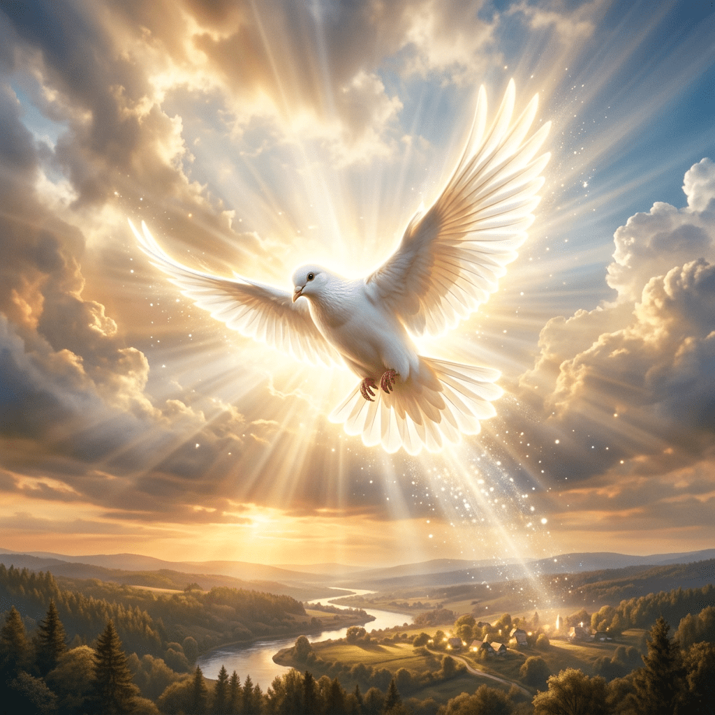 White dove glowing with radiant light flying over a river valley at sunset