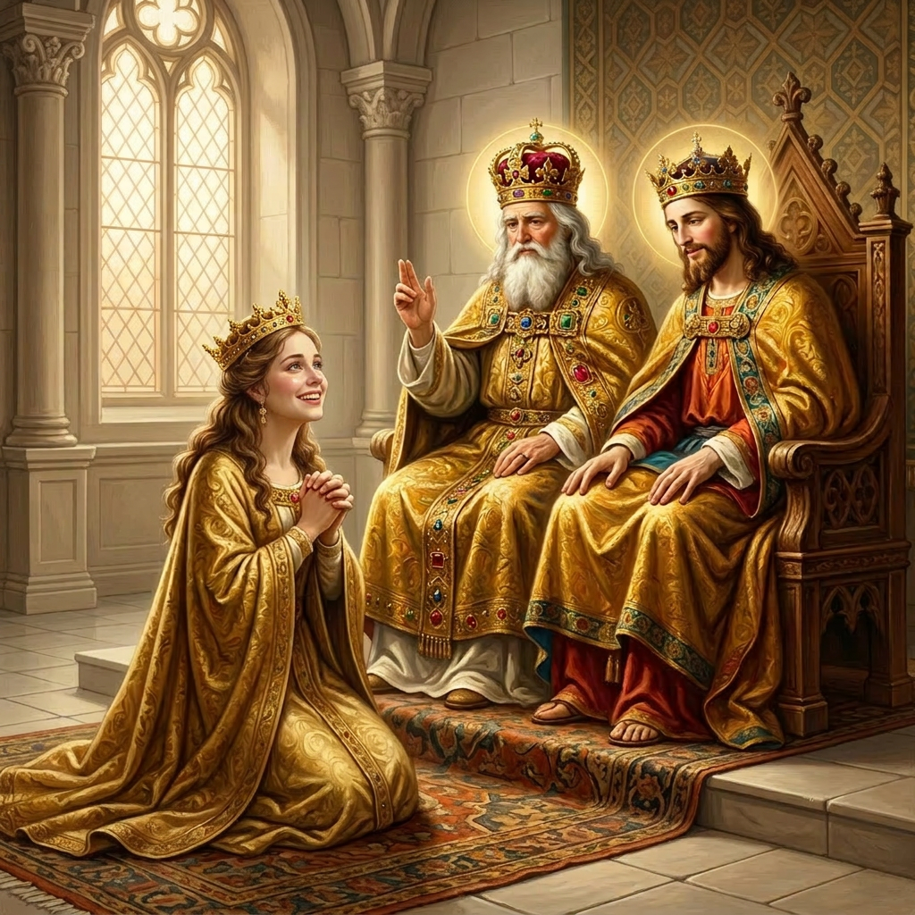 Divine Judgment Scene with Royalty Woman kneeling and praying reverently before two crowned kings with glowing halos in a grand stone hall
