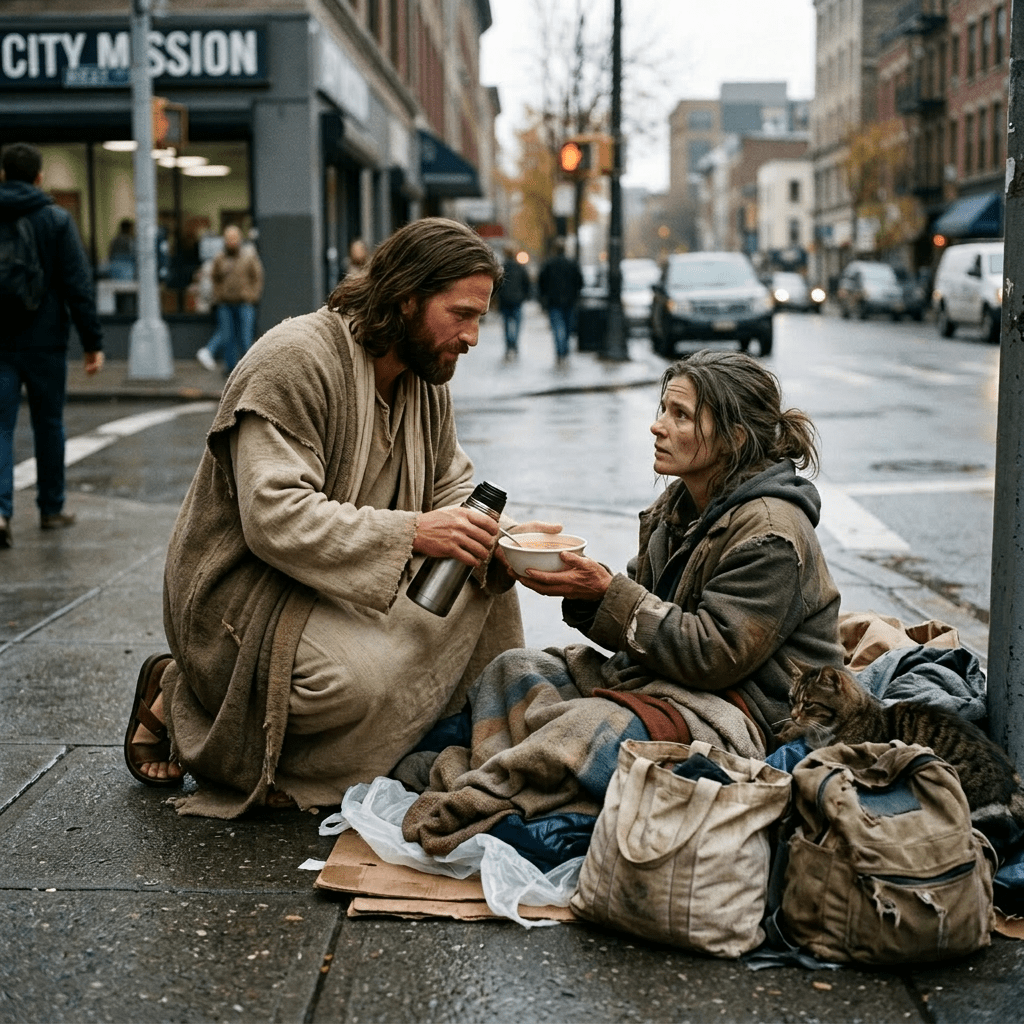 Man offering hot soup to homeless woman sitting on sidewalk with cat and bags