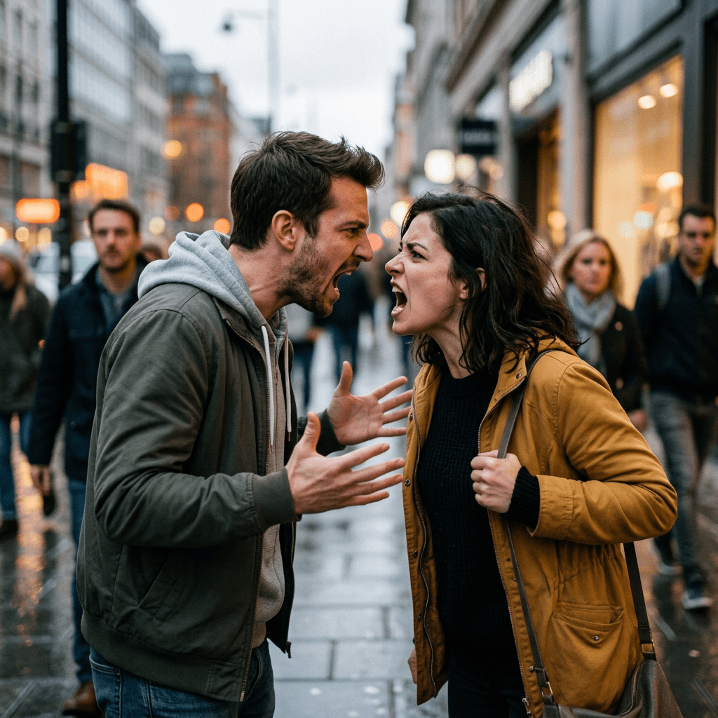 Young man and woman shouting at each other outdoors on city sidewalk