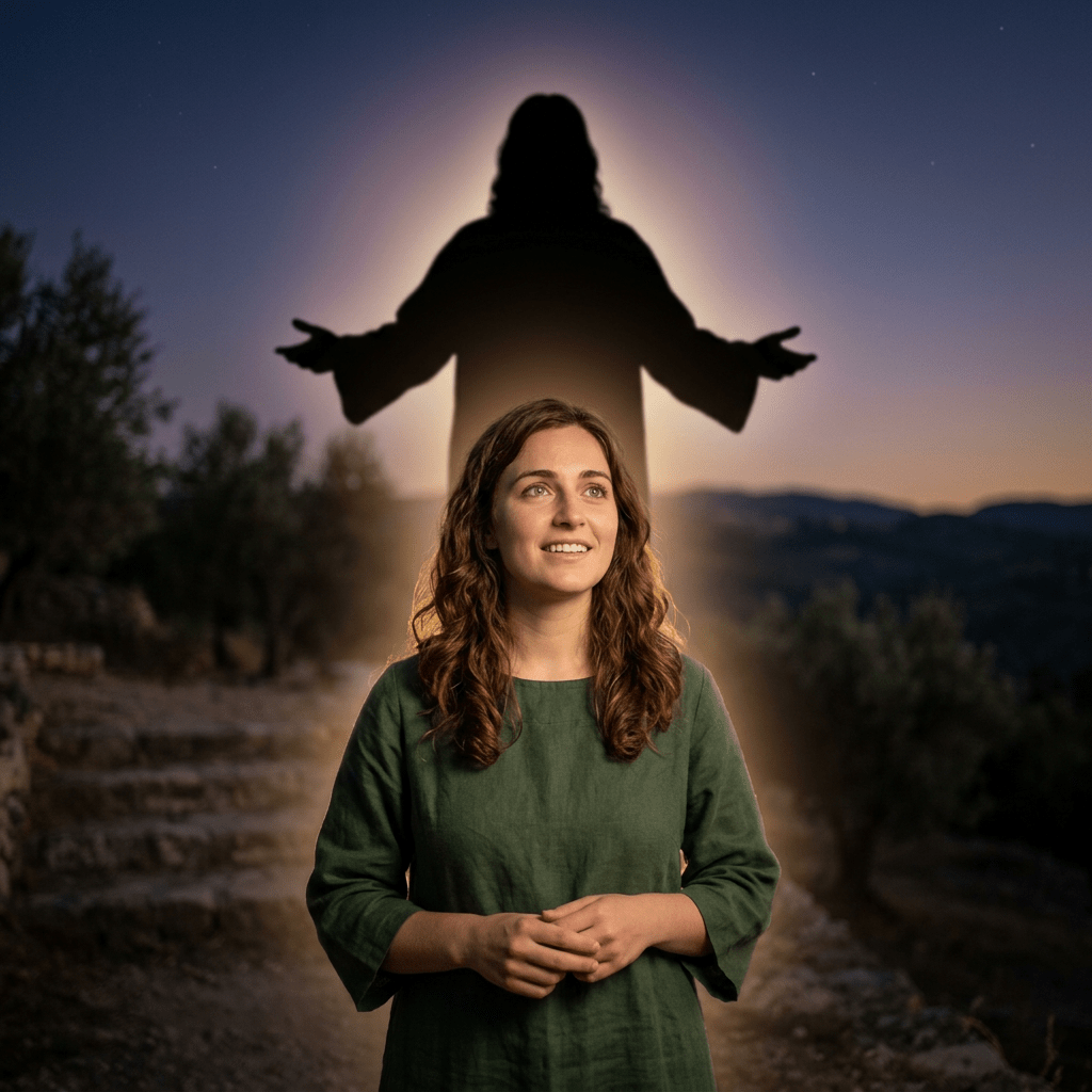 Woman in green dress with a glowing figure with outstretched arms behind her at dusk
