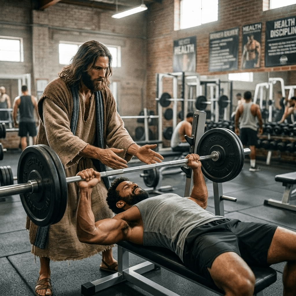 Man dressed in ancient robe coaching weightlifter bench pressing weights