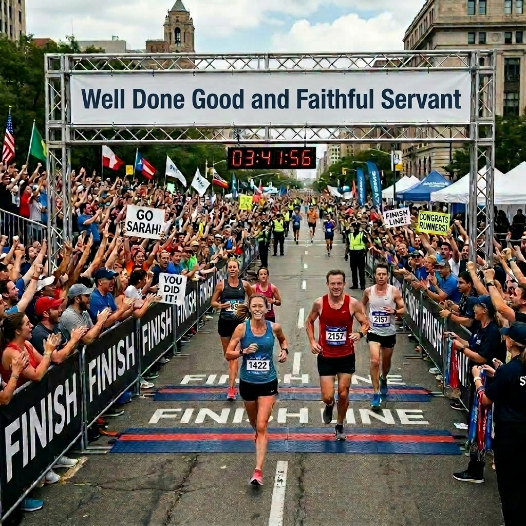 Marathon finish line celebration Runners crossing finish line at city marathon with cheering crowd