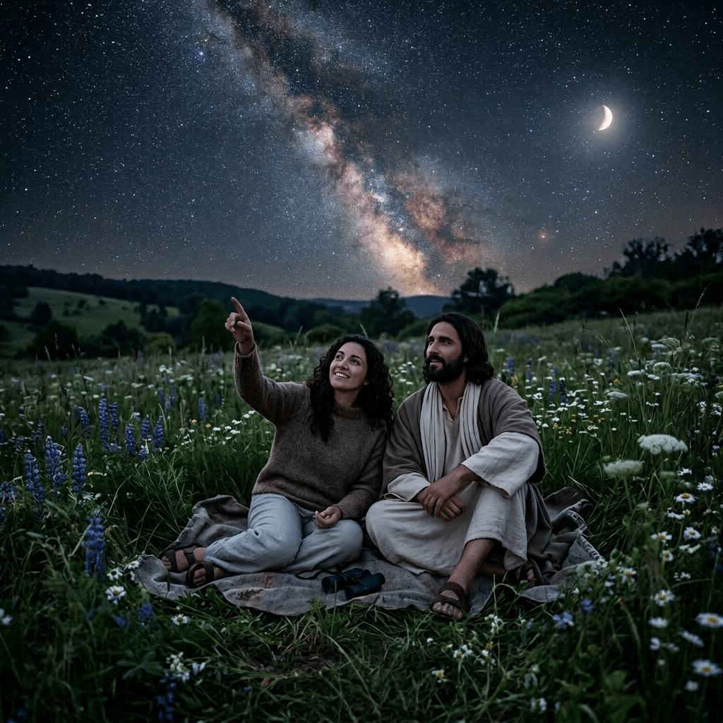Couple sitting on a blanket in a meadow at night, looking at stars and the crescent moon