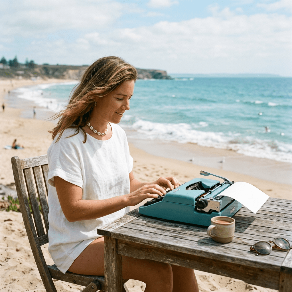 Woman using turquoise vintage typewriter on wooden table at beach