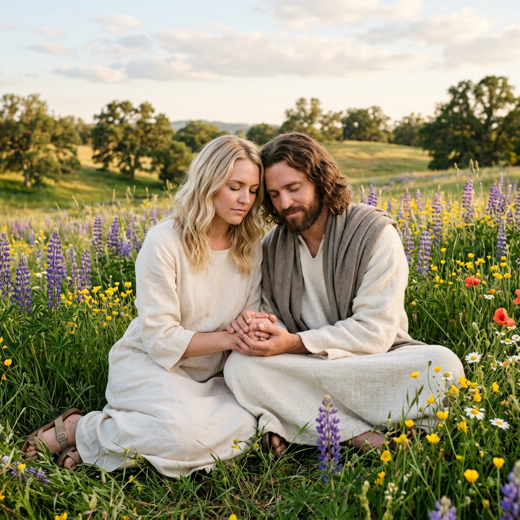 Man and woman sitting closely in a wildflower meadow, holding hands with eyes closed