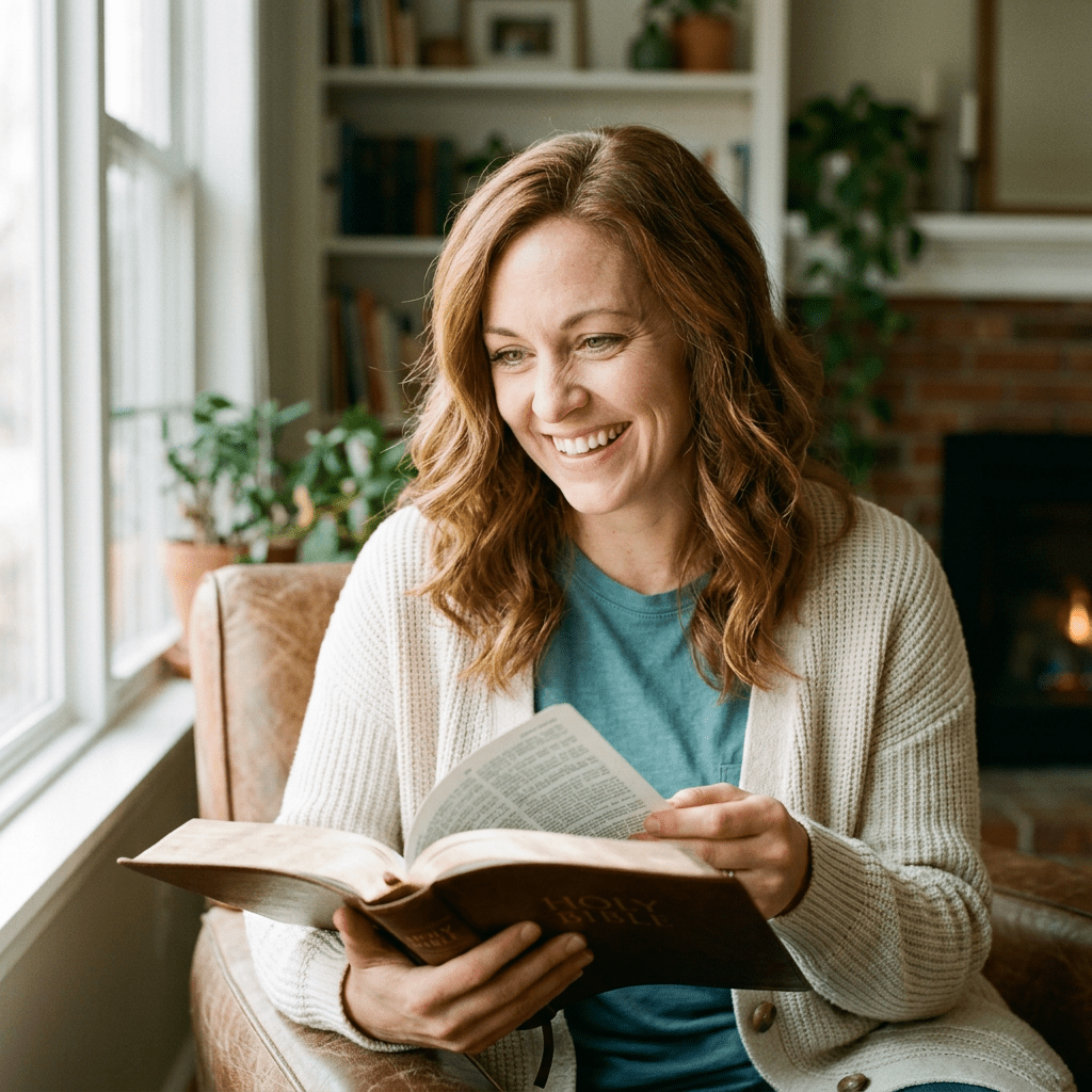 Woman reading the Holy Bible while sitting in a chair near a window with plants