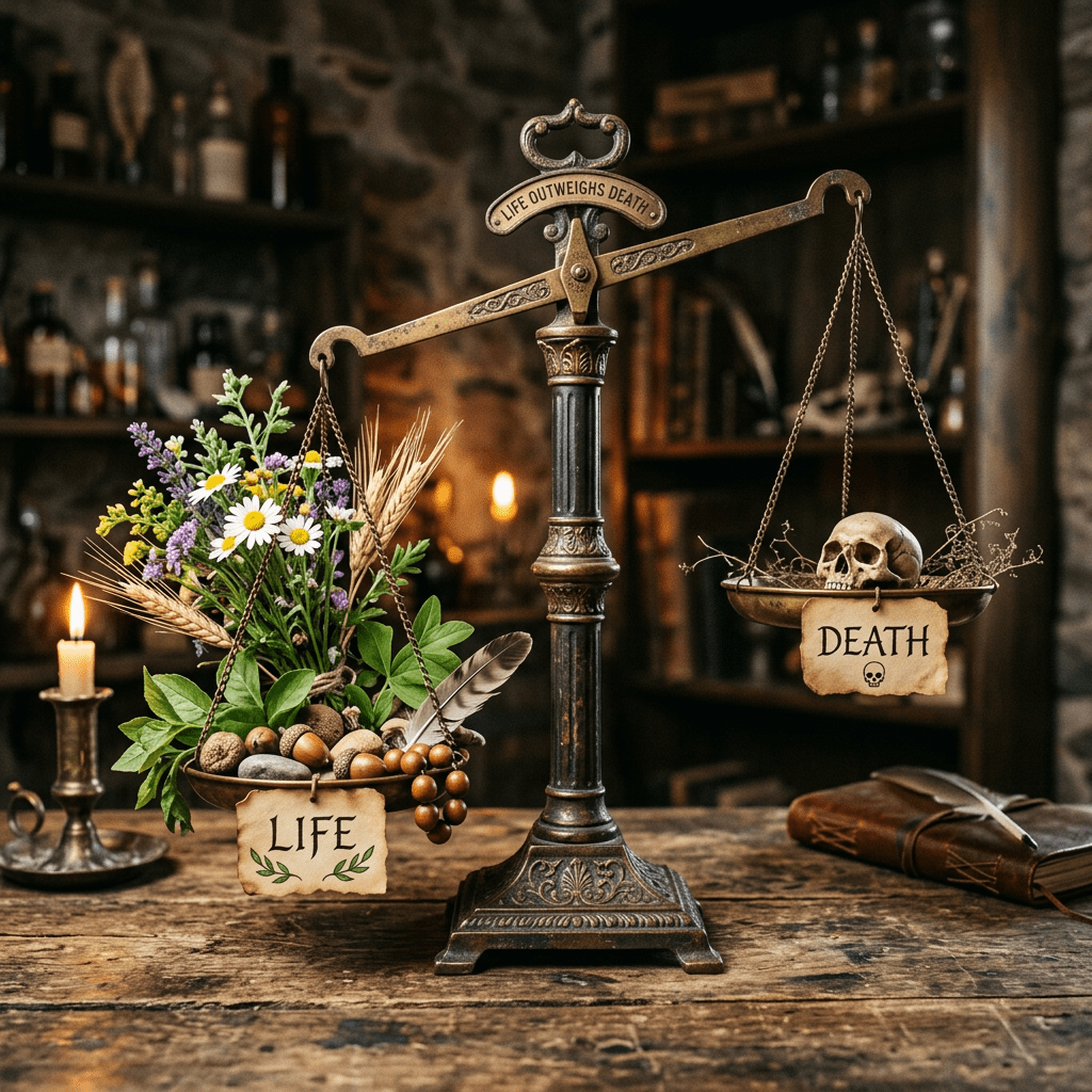 Antique balance scale with life represented by flowers and natural elements on one side and a skull labeled death on the other