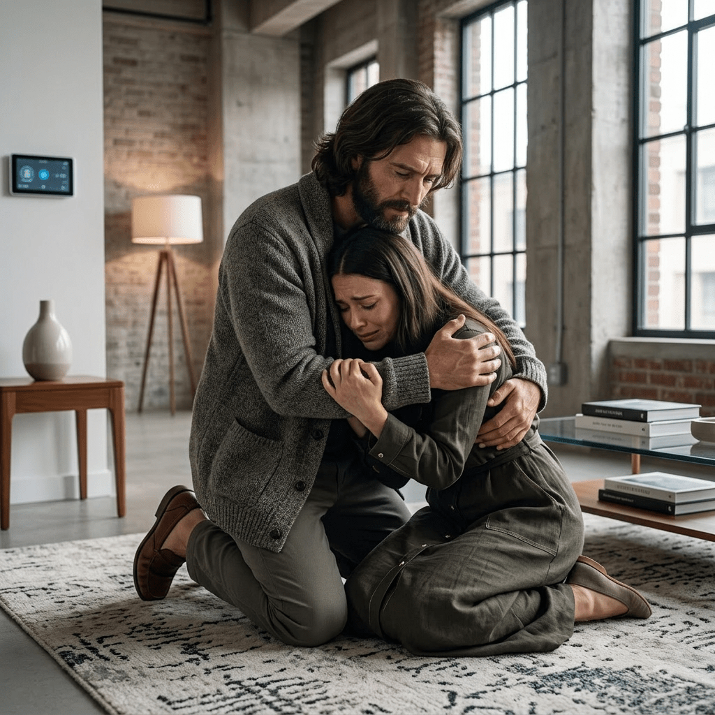 A man in a simple robe comforting a crying woman kneeling on a stone floor in a rustic room
