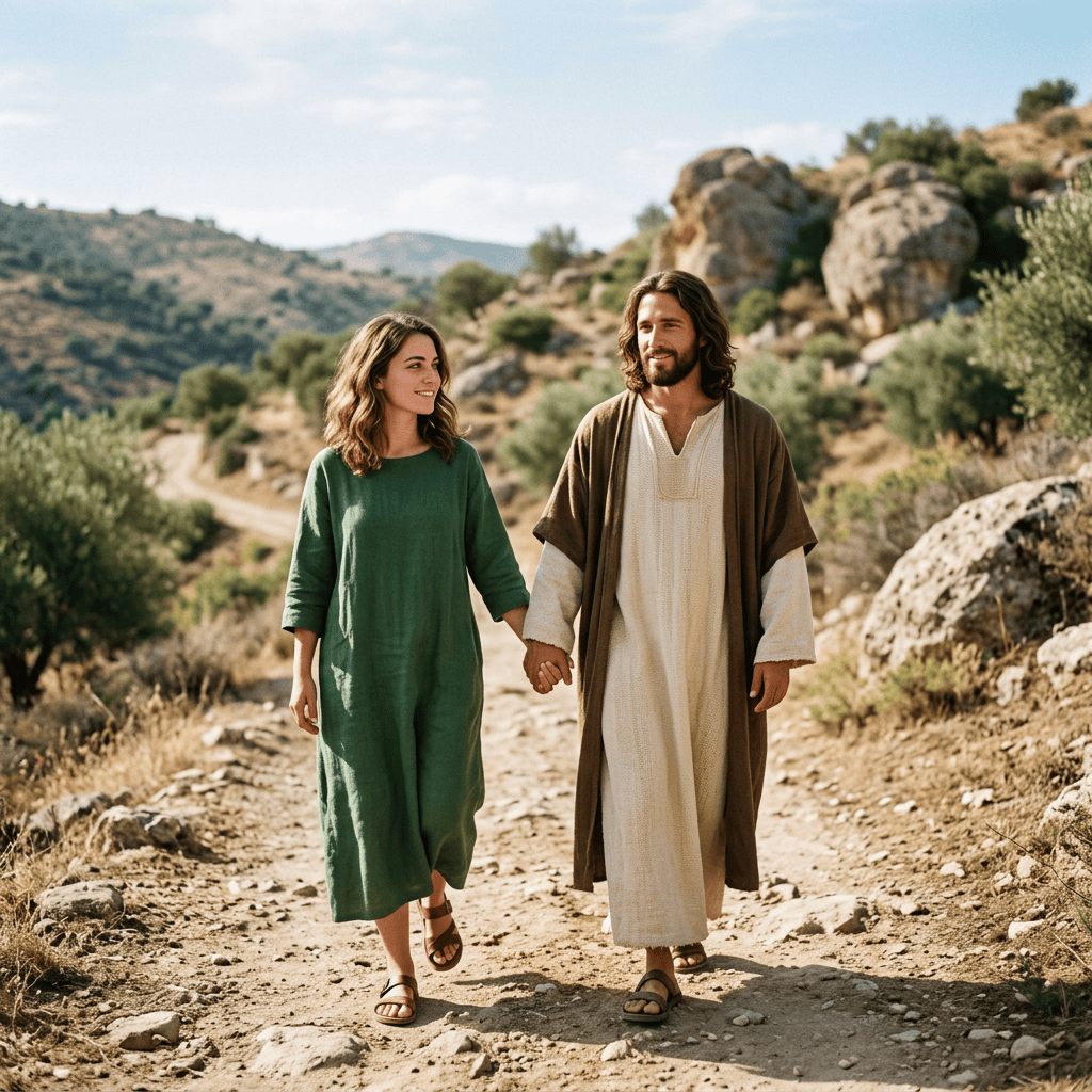 Couple walking hand in hand along a rocky hillside trail
