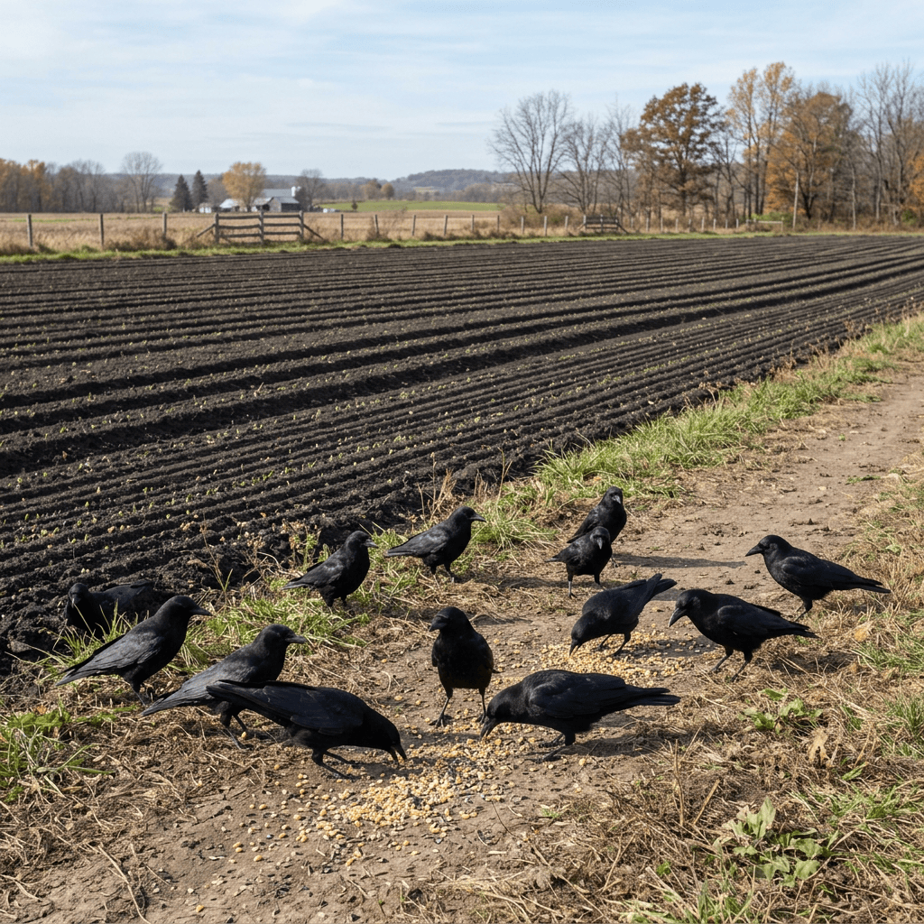 Flock of black crows feeding on corn beside a plowed field
